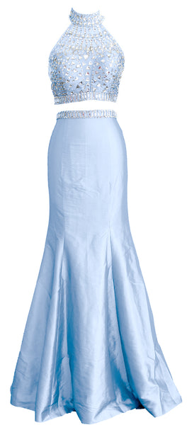 MACloth Women Mermaid Two Piece High Neck Taffeta Long Prom Dress Formal Gown