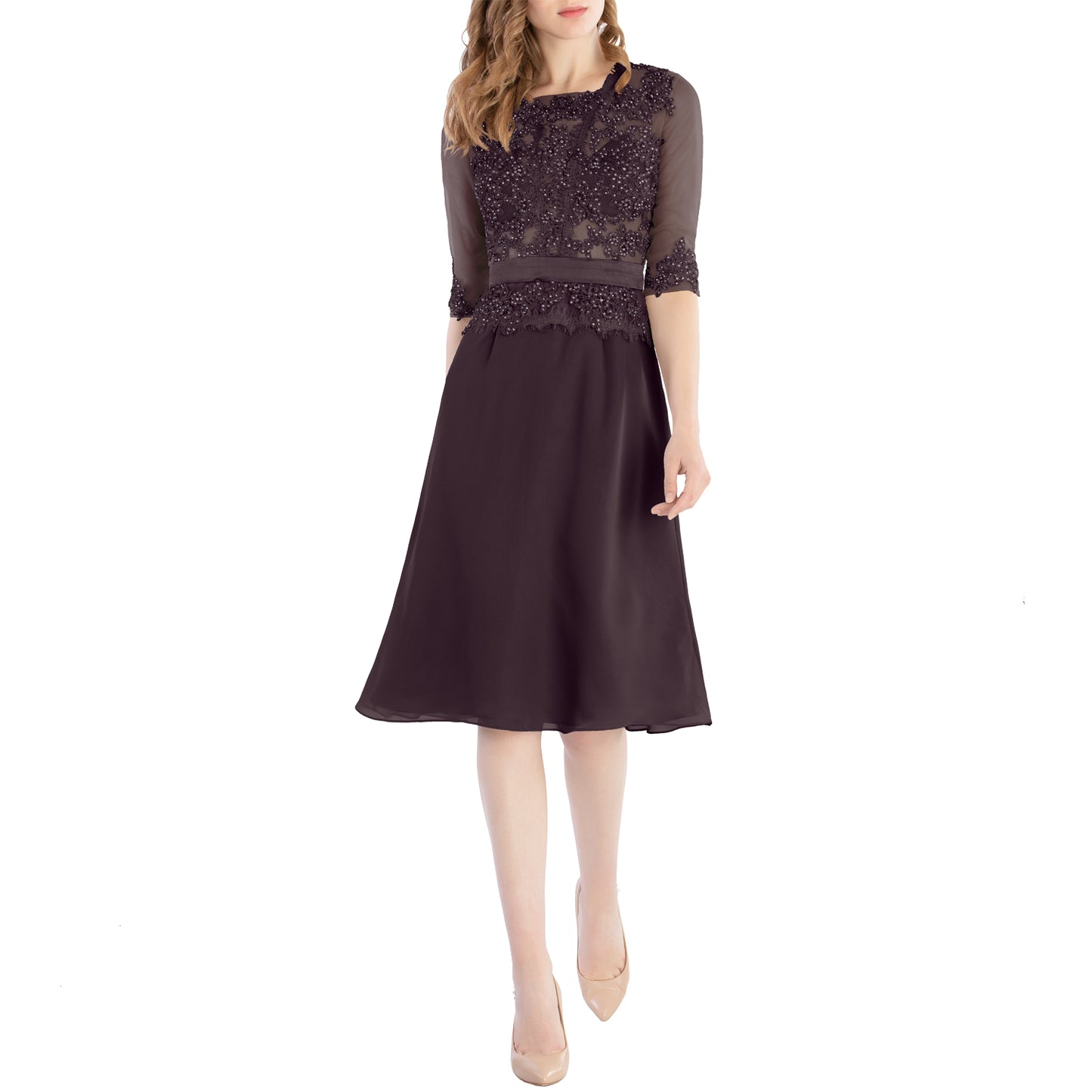 MACloth Damen-Kleid mit Rundhalsausschnitt, Perlenspitze, kurze Halbärmel, für die Brautmutter, Hochzeit, Brautparty