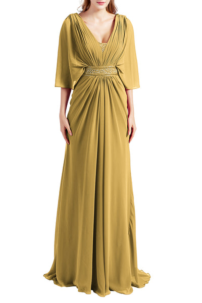 MACloth Women Elegant Long V Neck Mother of Bride Dresses Evening Gown Sleeves