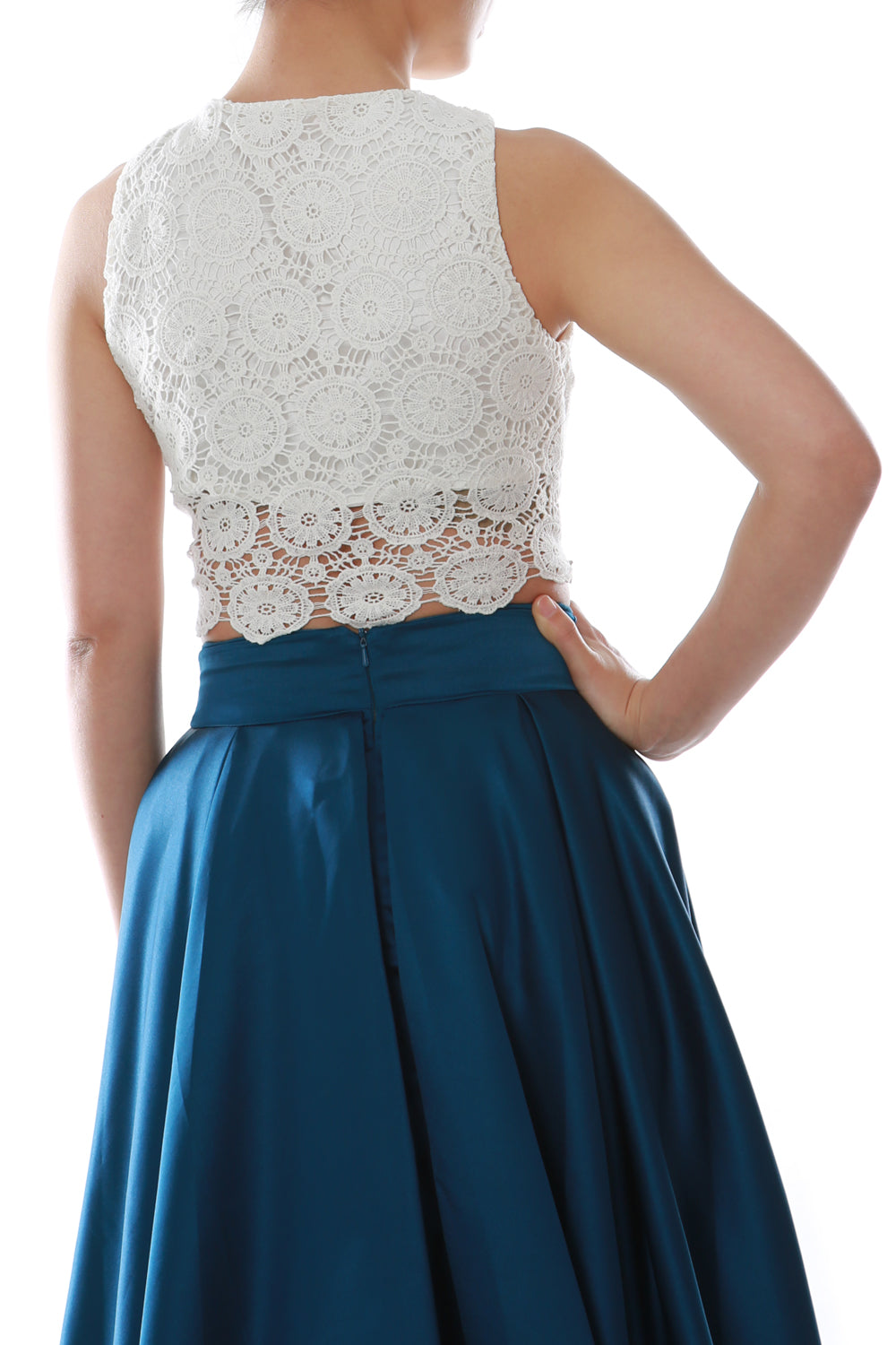 MACloth Women Two Piece O Neck Lace Long Prom Homecoming Dress Evening Ball Gown