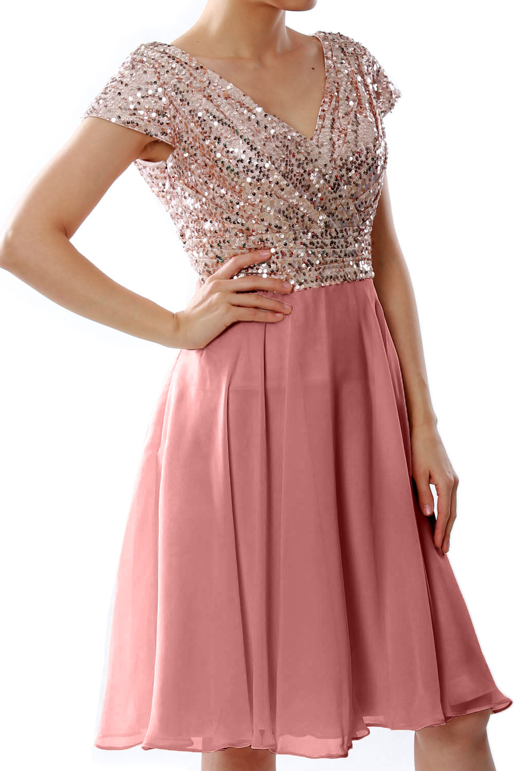 MACloth Mujeres Vestidos cortos para madre de la novia Mangas cortas Dama de honor Lentejuelas