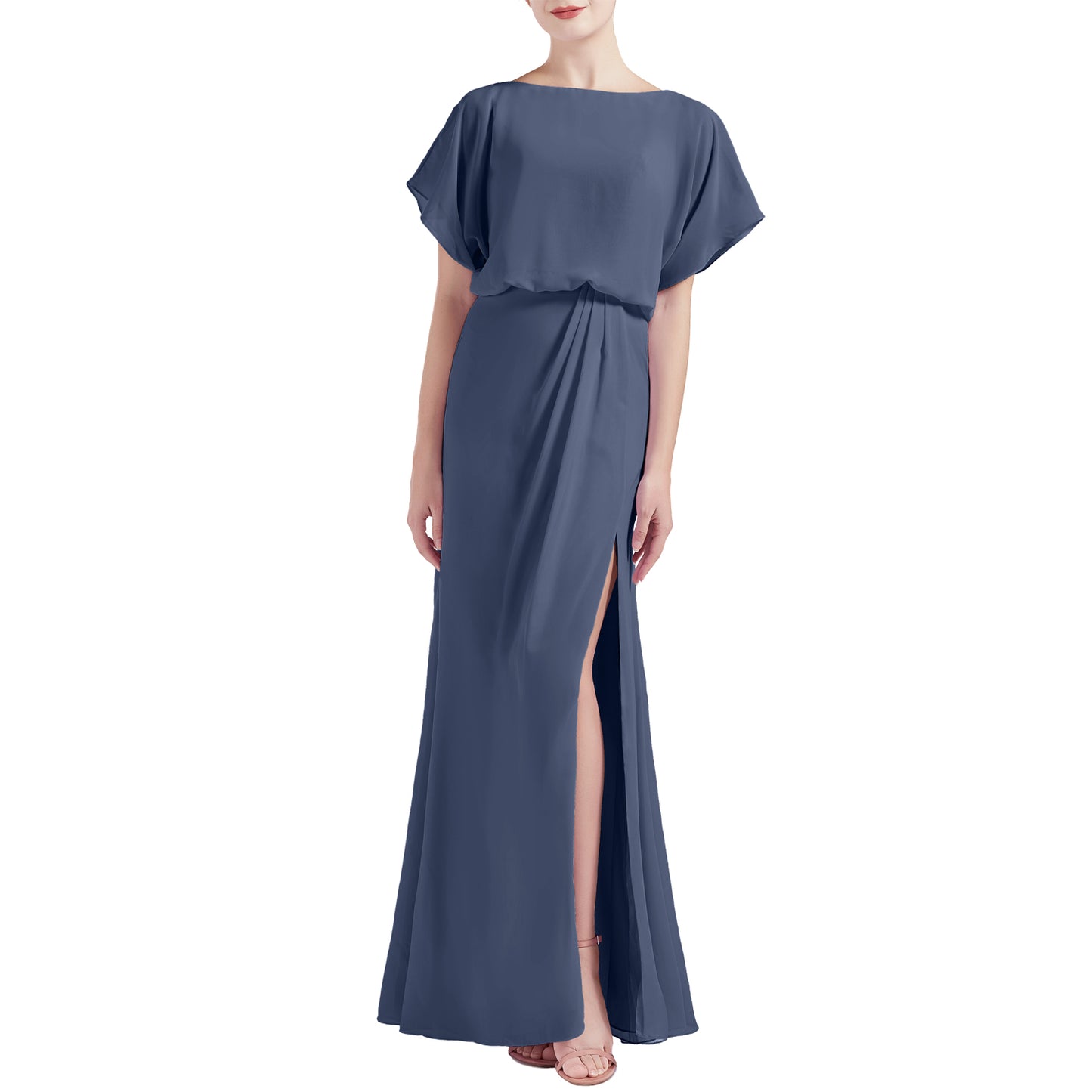 MACloth Women Chic Kimono Boat Neck Long Bridesmaid Dresses Slit Dark Navy / Floor Length / Custom Size