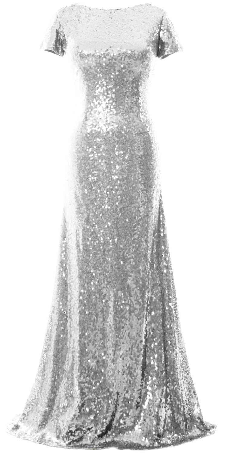 Vestido de dama de honor largo con lentejuelas y mangas cortas de sirena de MACloth, vestido de noche formal