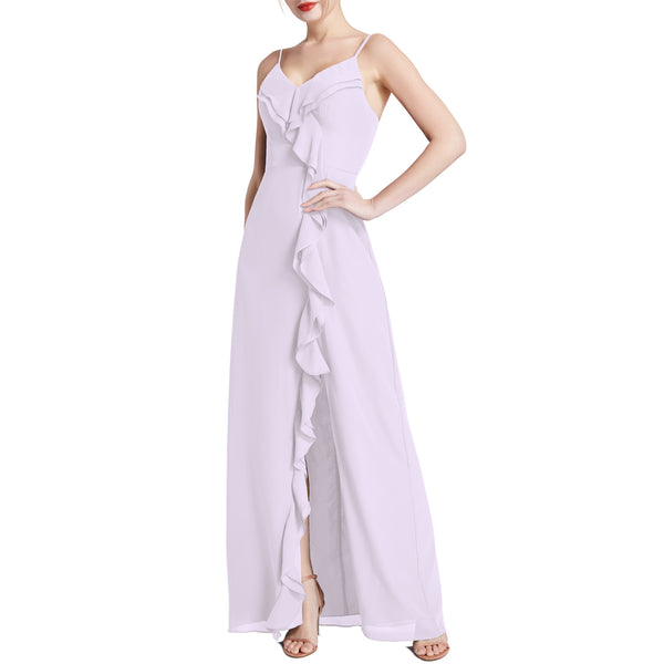 MACloth Women V Neck Ruffle Chiffon Long Wedding Party Bridesmaid Dresses Slit