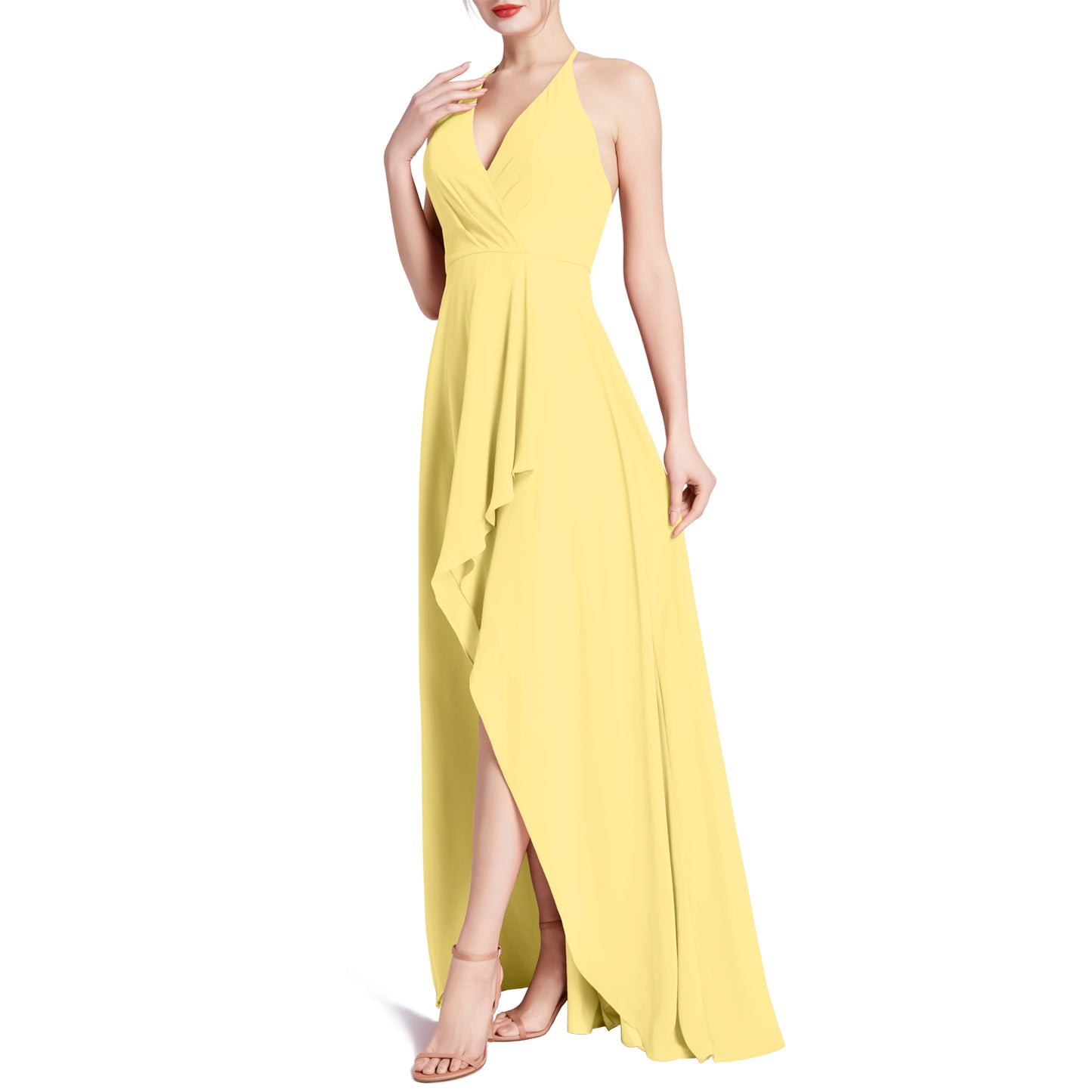 MACloth Women V Neck Halter Hi Lo Long Wedding Party Bridesmaid Dresses