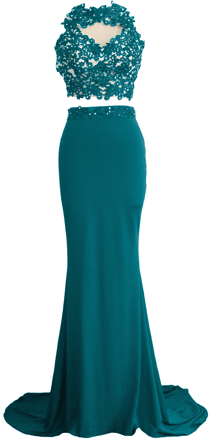 MACloth Damen Meerjungfrau 2-teiliges langes Ballkleid aus Spitze und Jersey, Abendkleid