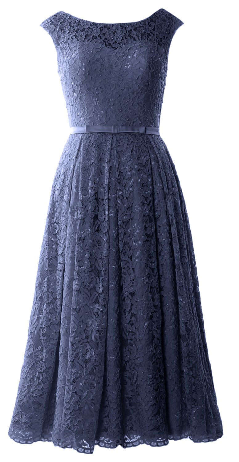 MACloth Women Tea Length Mother Bride Gown Dresses Cap Sleeve Lace Midi Corset