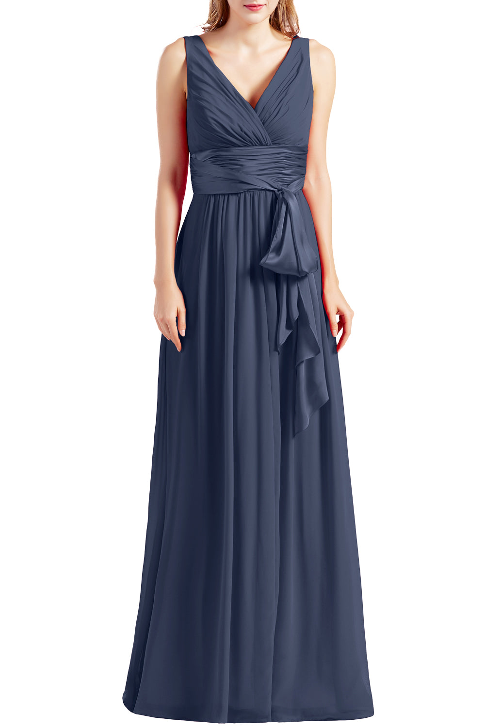 MACloth Women Sleeveless V Neck Long Bridesmaid Dress Chiffon Prom Evening Gown