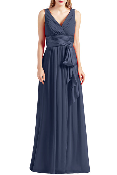 MACloth Women Sleeveless V Neck Long Bridesmaid Dress Chiffon Prom Evening Gown