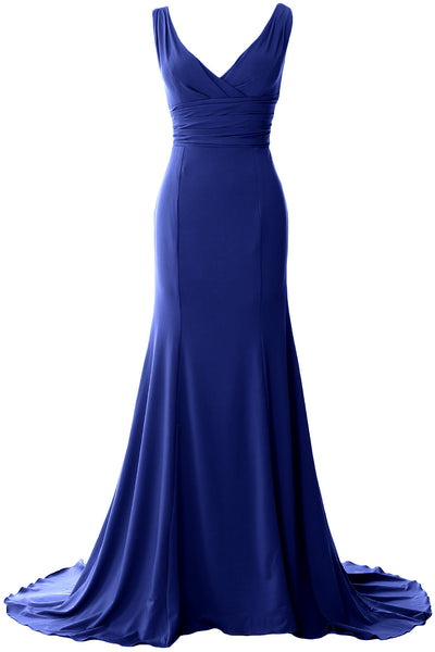 MACloth Long Mermaid Jersey Prom Dresses V-Neck Sleeveless Evening Party Gown