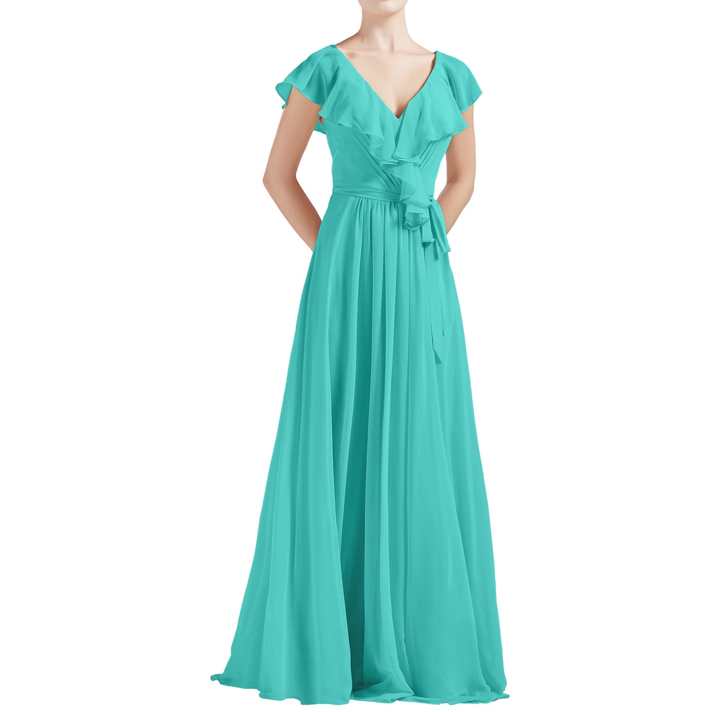 MACloth Women V Neck Ruffle Cap Sleeves Long Bridesmaid Dresses