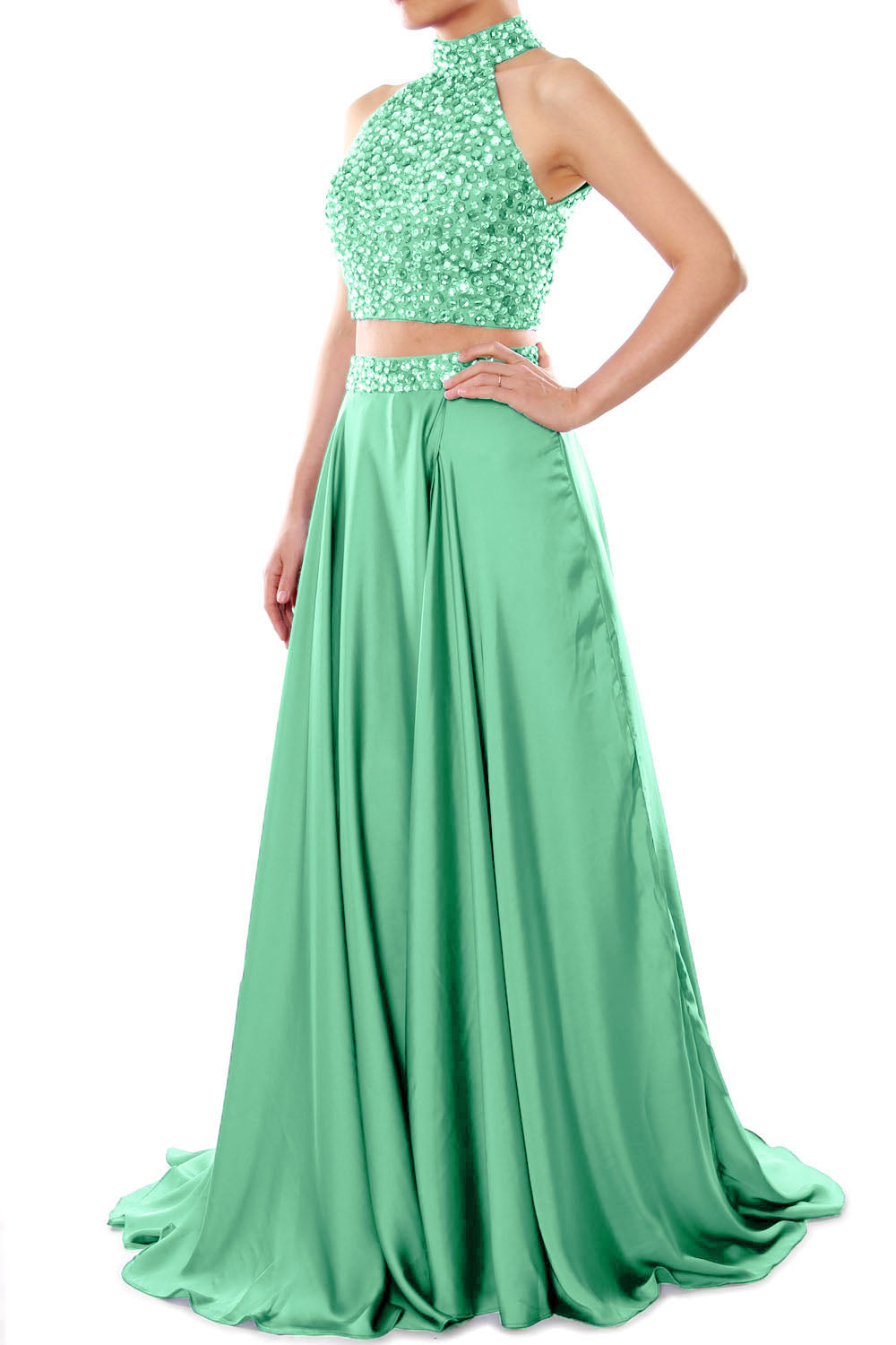 MACloth Women Two Piece Prom Dress High Neck Chiffon Long Formal Eveni MACloth Women Two Piece Prom Dress High Neck Chiffon Long Formal Eveni