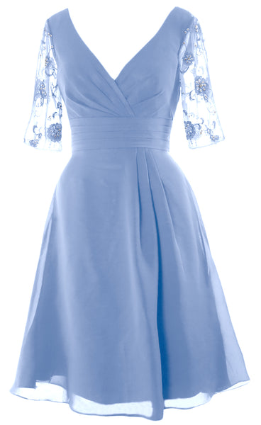 MACloth Mother of Bride Short Dresses Half Sleeves V Neck Cocktail
