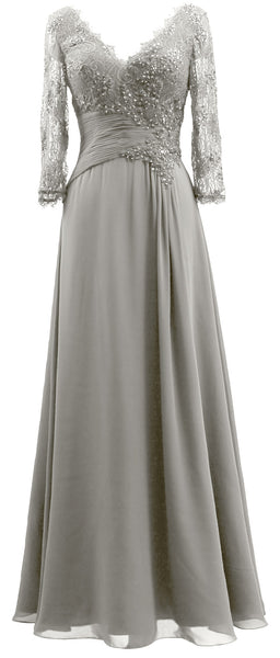 MACloth Women V Neck Long Mother of Bride Dresses 3/4 Sleeve Formal Evening Gown