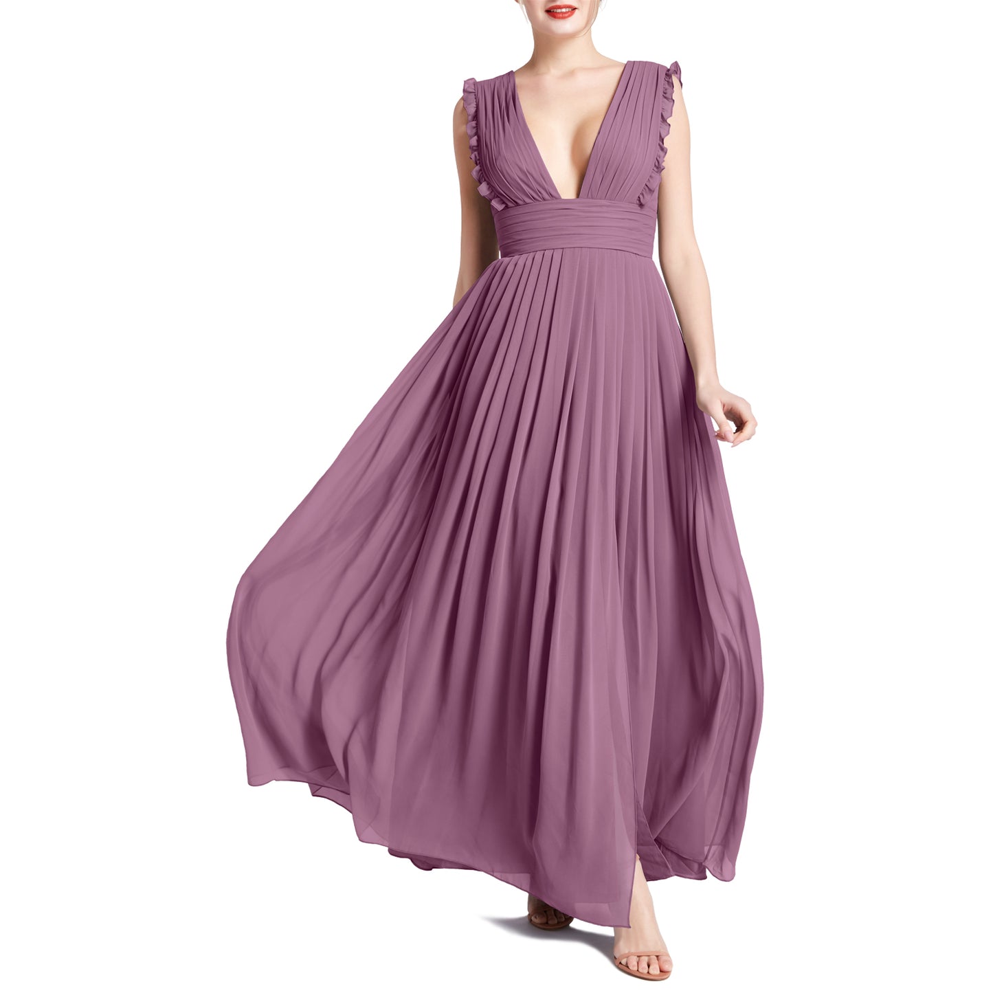 MACloth Women V Neck Ruffle Long Pleated Wedding Party Bridesmaid Dresses