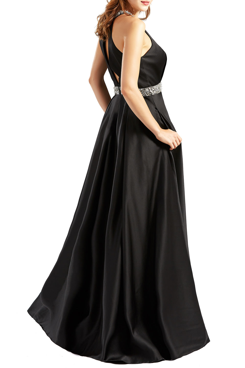 MACloth Women Satin Prom Dresses with Pockets Halter Long Formal Evening Gown
