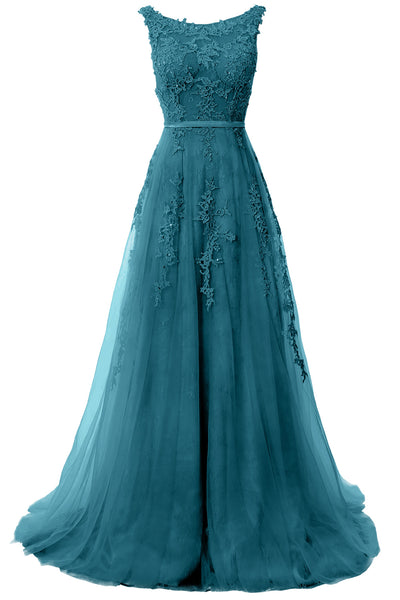 MACloth Lace Prom Dresses Boat Neck Sleeveless Lace Wedding Formal Evening Gown