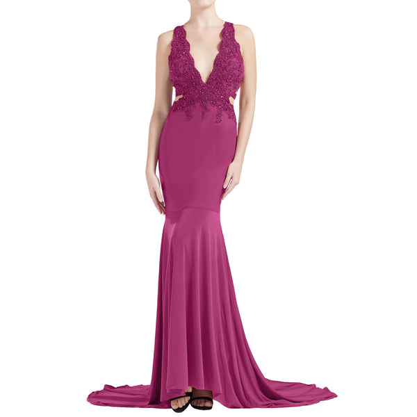 MACloth Women Mermaid V Plunging Neck Lace Long Prom Dresses Formal Evening Gown