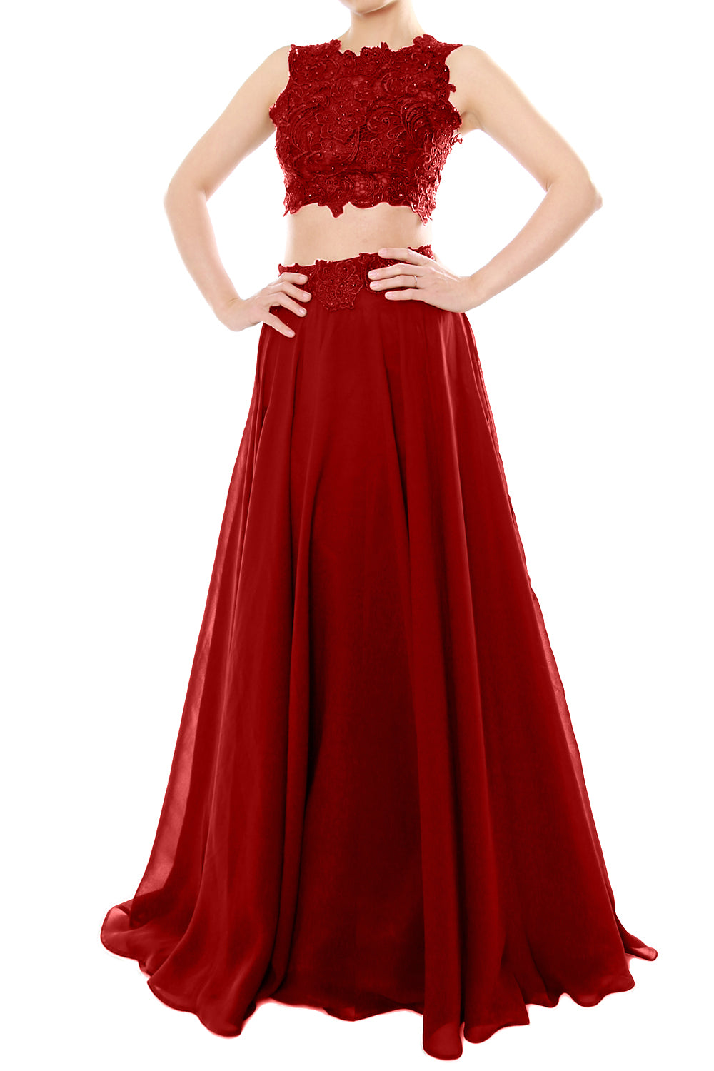 MACloth Vestido largo de gasa con encaje y cuello alto de dos piezas para mujer, vestido de fiesta formal para graduación