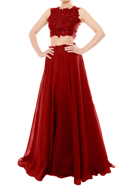MACloth Women Two Piece High Neck Lace Chiffon Long Prom Dress Formal Party Gown