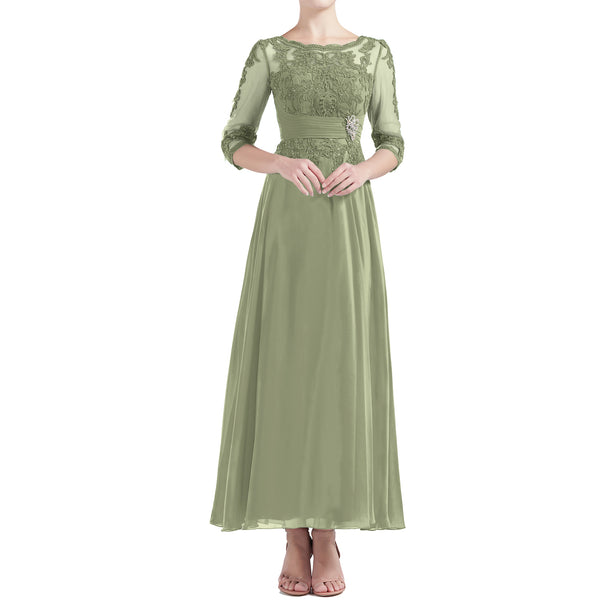 MACloth Women Tea Length 3/4 Sleeve Boat Neck Mother Bride Dresses Bridal Party