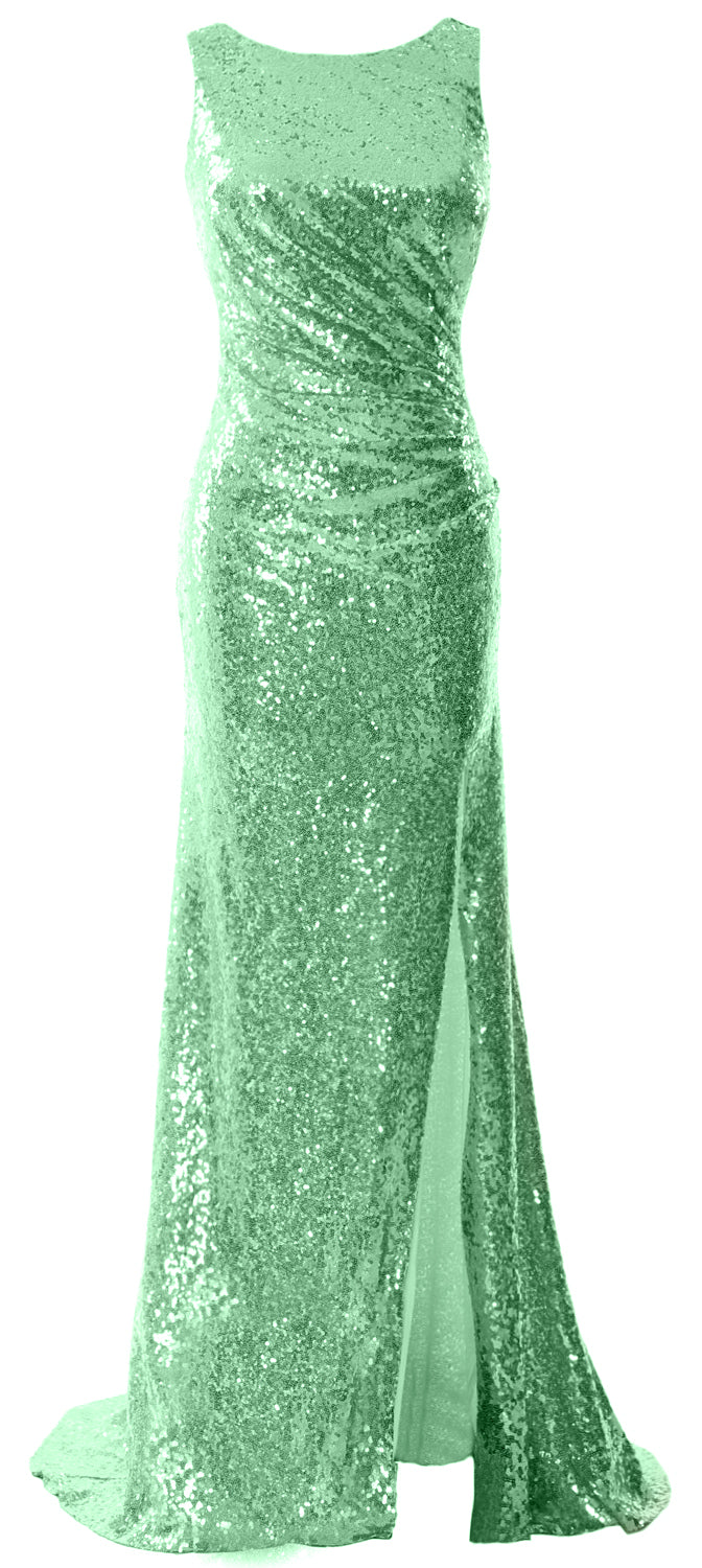 MACloth Women Sequin Long Bridesmaid Dresses Cowl Back Prom Evening Gown Split