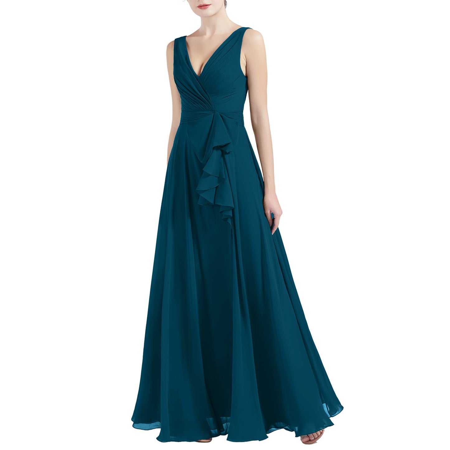 MACloth Women V Neck Long Pleated A Line Wedding Party Bridesmaid Dresses Slit