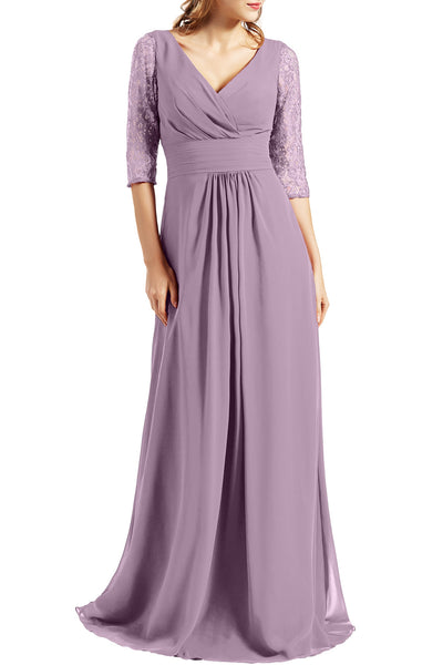 MACloth Women Long Mother of the Bride Dresses V Neck 3/4 Sleeves Evening Gown