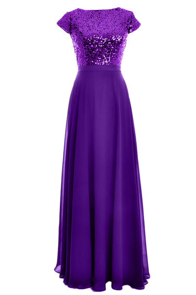 MACloth Women Cap Sleeve Sequin Long Birdesmaid Dress Wedding Party Formal Gown