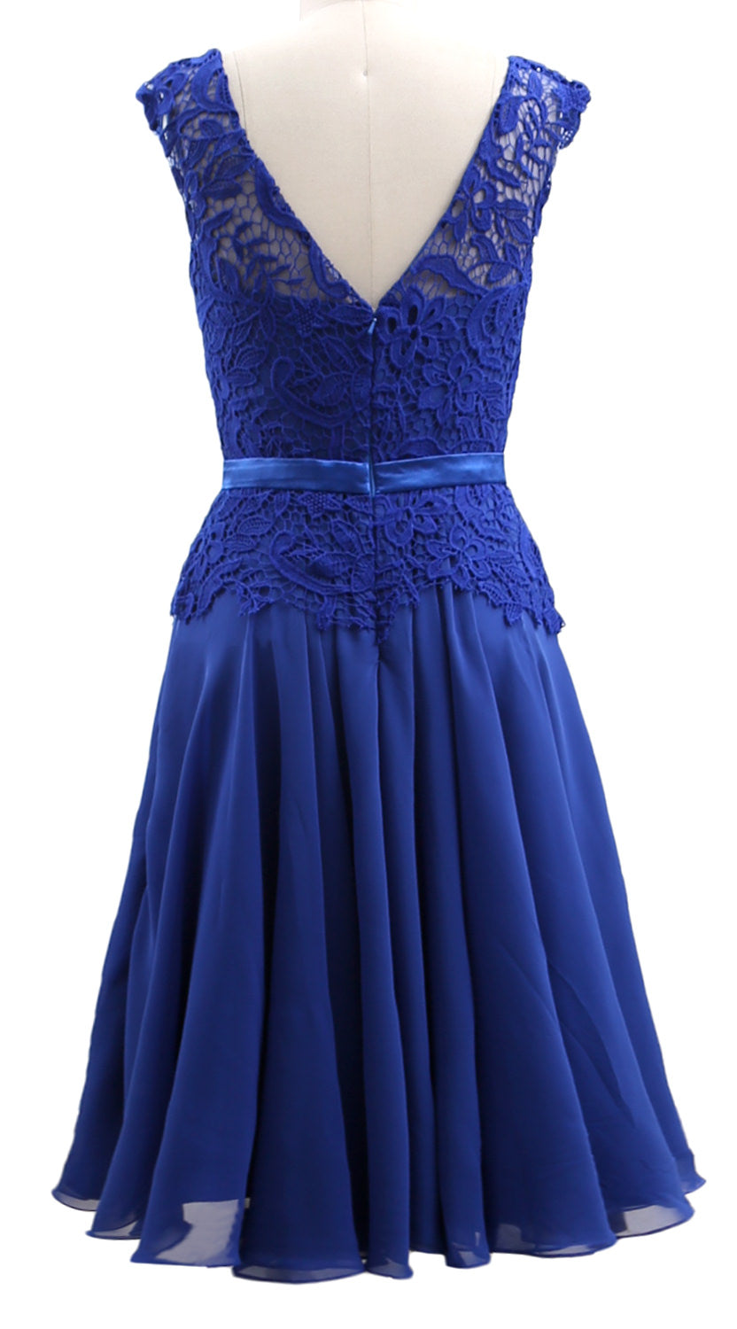 MACloth Women V Neck Lace Chiffon Party Formal Gown Midi Mother of Bride Dress