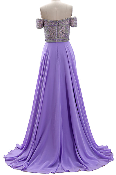 MACloth Women Off the Shoulder Beaded Long Prom Dress Short Sleeve Evening Gown