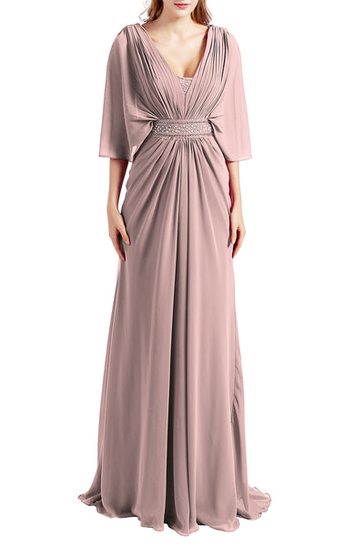 MACloth Women Elegant Long V Neck Mother of Bride Dresses Evening Gown Sleeves