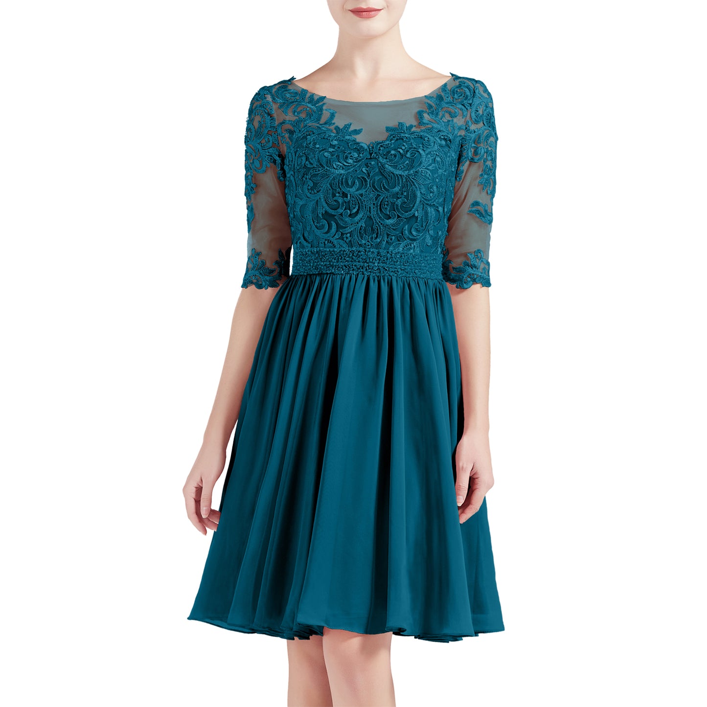 MACloth Women Half Sleeves Short Lace Beading Boat Neckline Mother of Bride Dresses Wedding Bridal Party