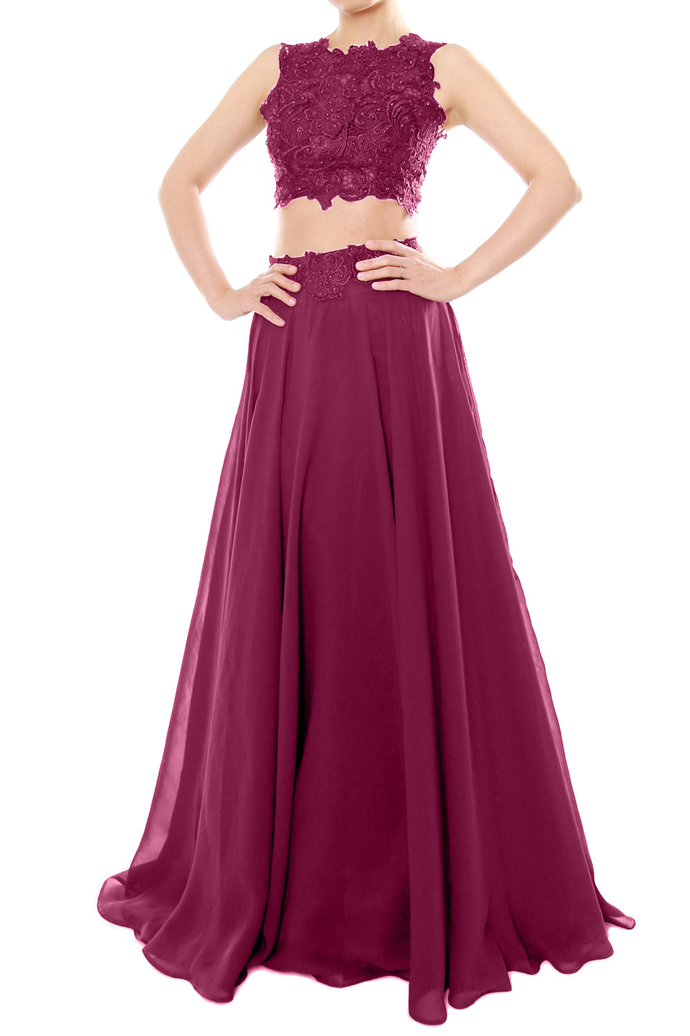 MACloth Vestido largo de gasa con encaje y cuello alto de dos piezas para mujer, vestido de fiesta formal para graduación