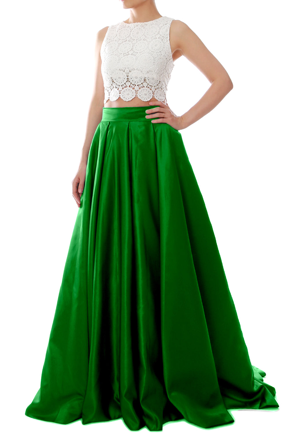 MACloth Women Two Piece O Neck Lace Long Prom Homecoming Dress Evening Ball Gown