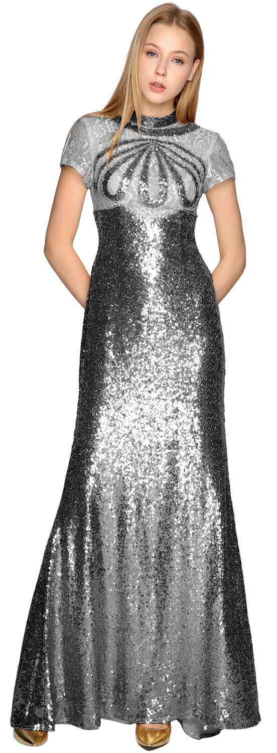 MACloth Women Prom Party Dresses Mermaid High Neck Cap Sleeves Evening Gown