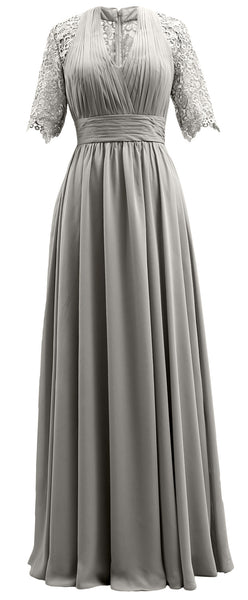 MACloth Long Mother of Bride Dresses Half Sleeves V Neck Formal Evening Gown
