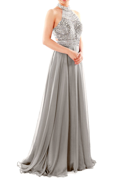 MACloth Women Halter High Neck Sleeveless Long Prom Party Dress Evening Gown