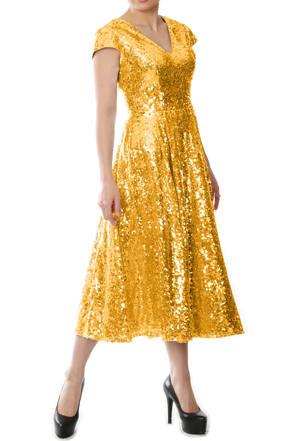 MACloth Damen Midi-Kleid für die Brautmutter, Pailletten, Flügelärmel, für Hochzeit, Party