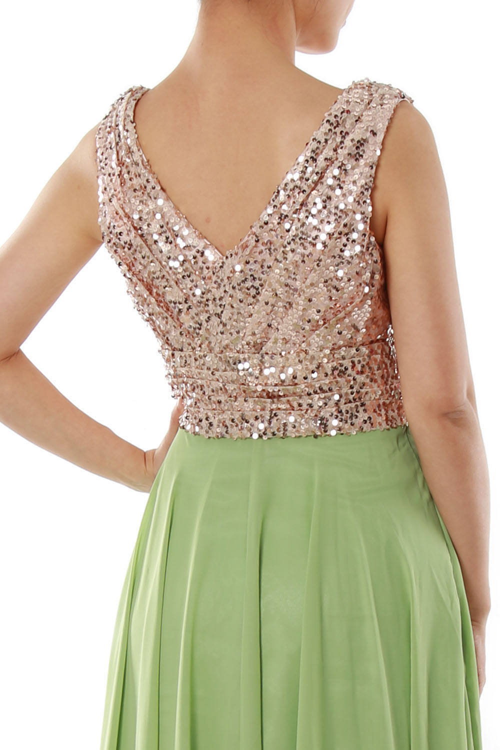 MACloth Women Sleeveless Long Bridesmaid Dresses V Neck Sequin Evening Gown