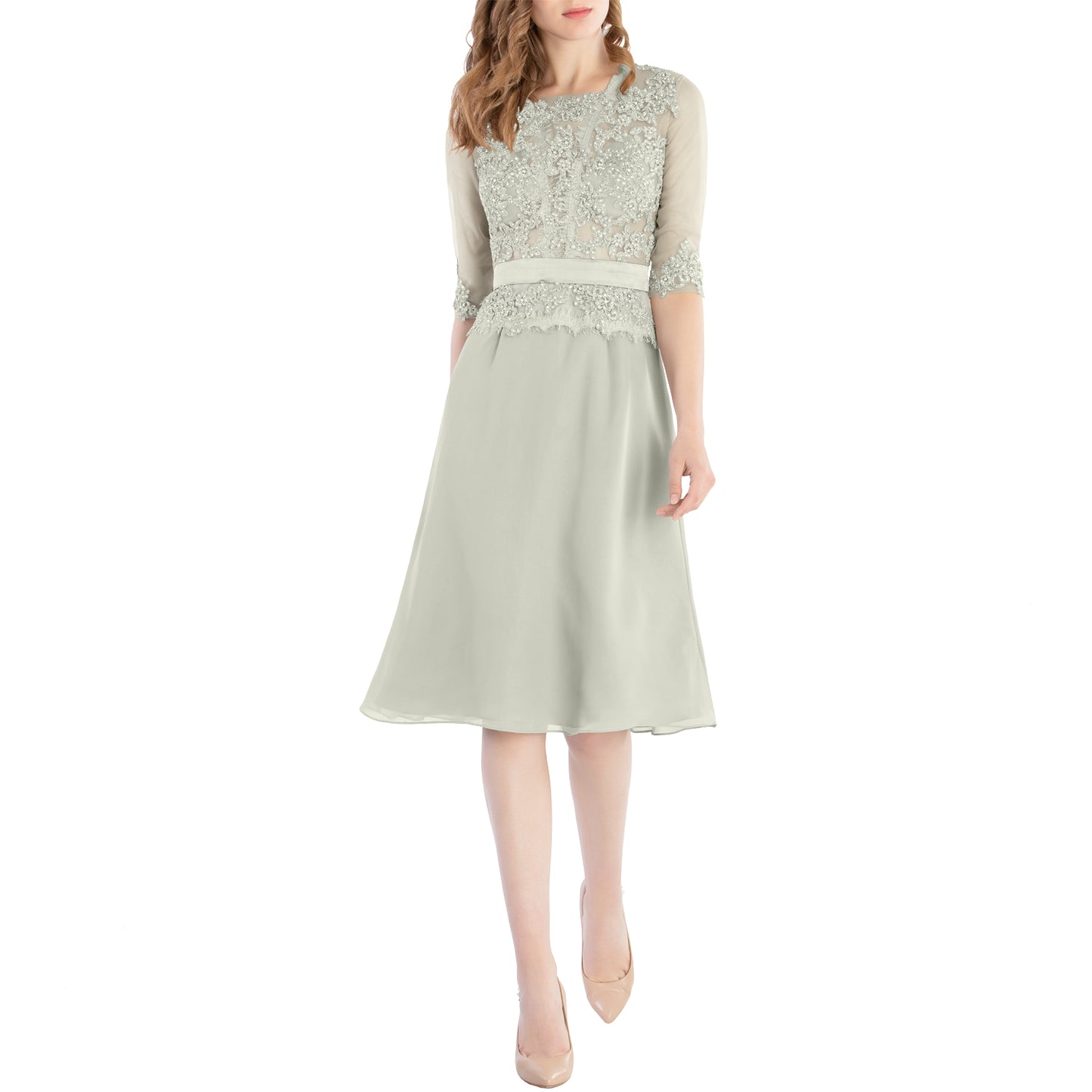 MACloth Damen-Kleid mit Rundhalsausschnitt, Perlenspitze, kurze Halbärmel, für die Brautmutter, Hochzeit, Brautparty