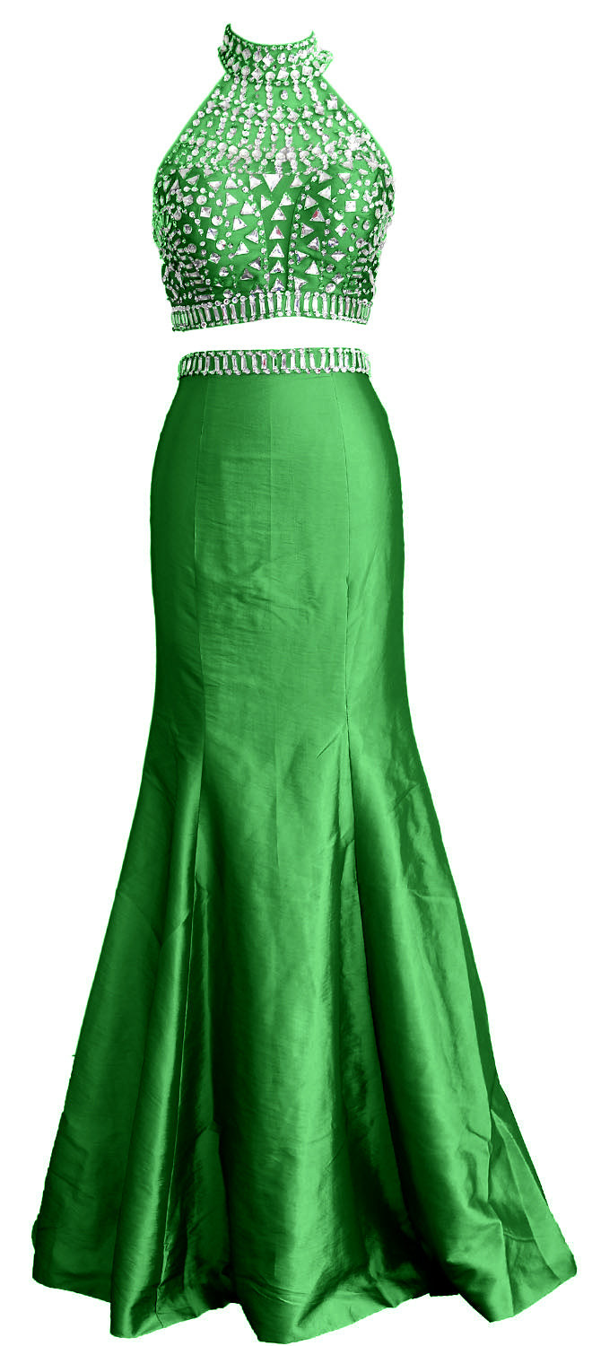 MACloth Damen Meerjungfrau Zweiteiliges Ballkleid mit hohem Halsausschnitt aus Taft, lang, formelles Kleid