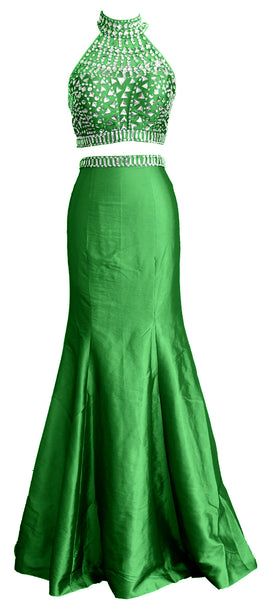 MACloth Women Mermaid Two Piece High Neck Taffeta Long Prom Dress Formal Gown