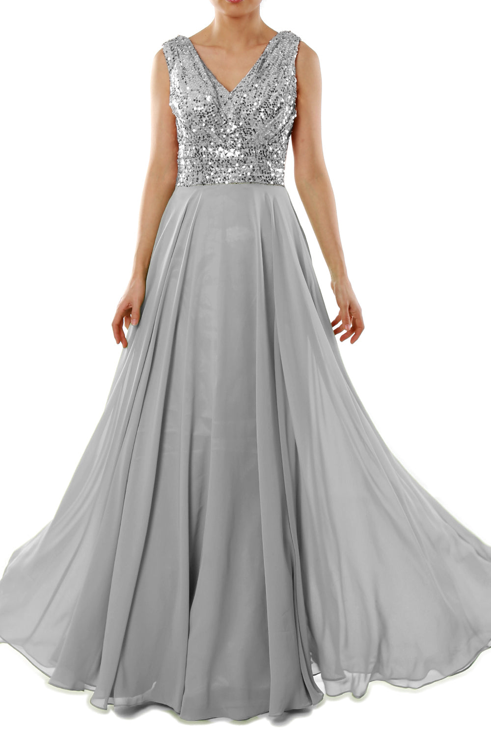 MACloth Women Sleeveless Long Bridesmaid Dresses V Neck Sequin Evening Gown