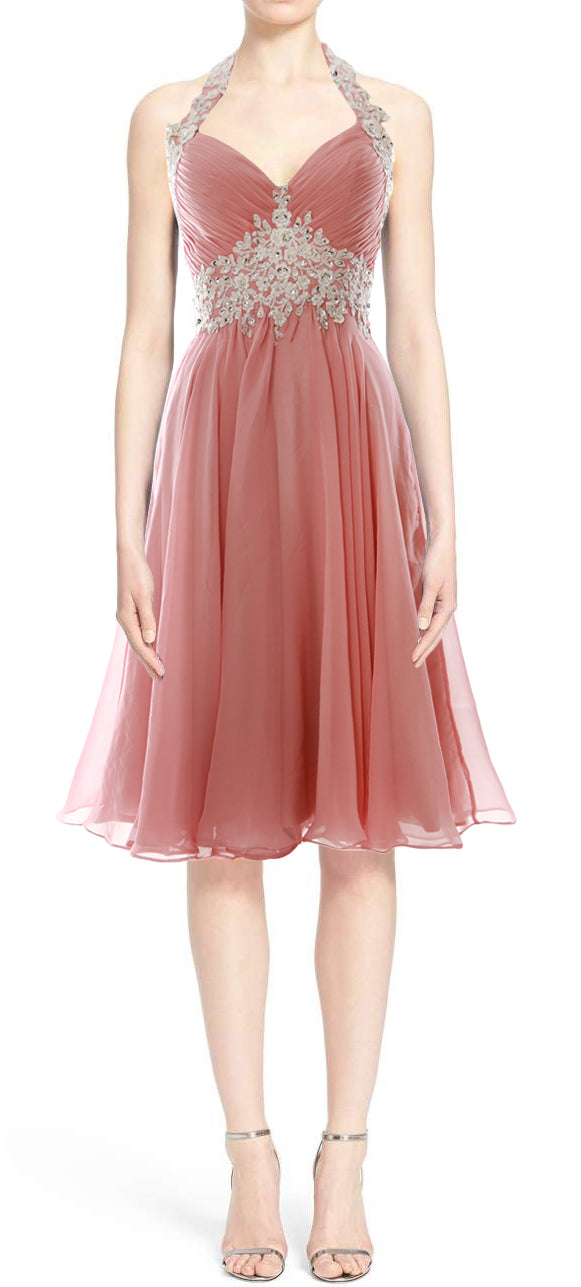 MACloth Damen Neckholder Kurz Spitze Perlenbesetztes Kleid für Hochzeitsgäste Homecoming