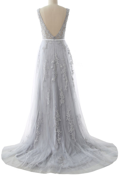 MACloth Lace Prom Dresses Boat Neck Sleeveless Lace Wedding Formal Evening Gown