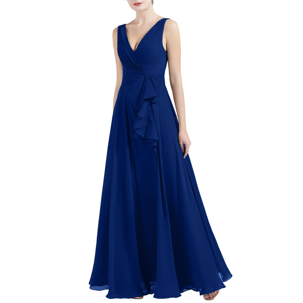 MACloth Women V Neck Long Pleated A Line Wedding Party Bridesmaid Dresses Slit
