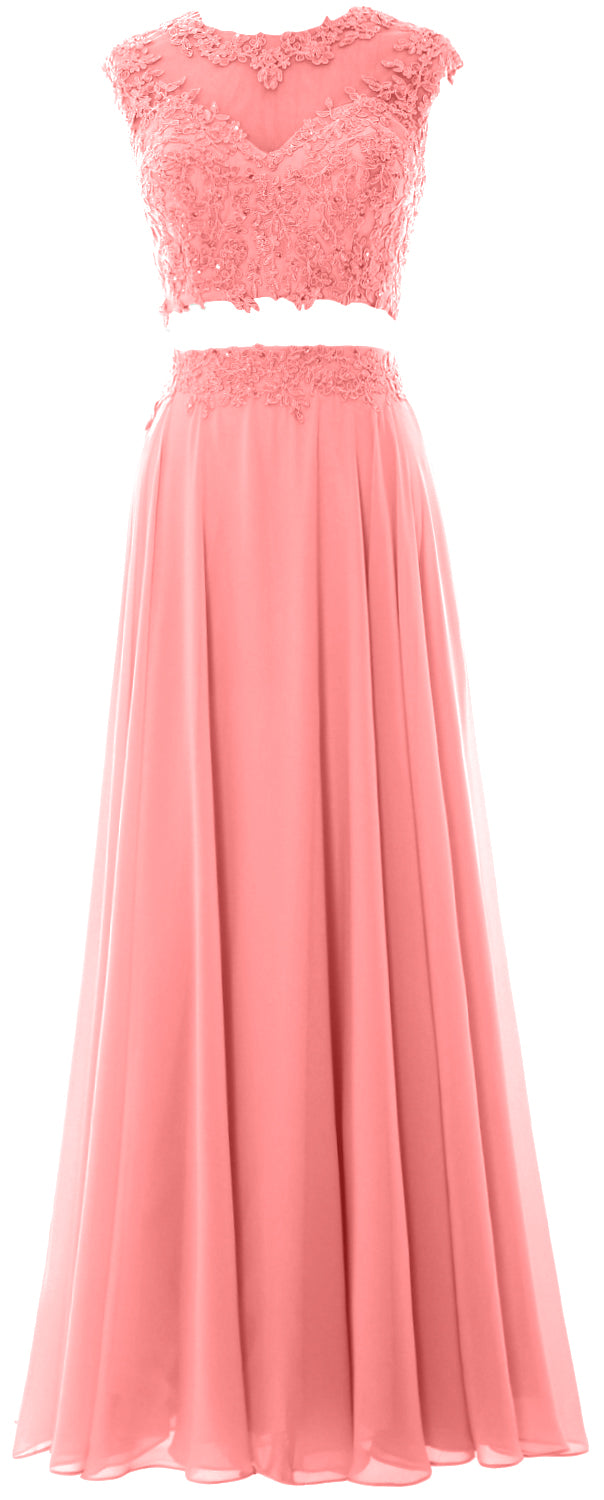 MACloth Vestido largo de fiesta de 2 piezas para mujer, de gasa con encaje, vestido formal de noche para fiesta