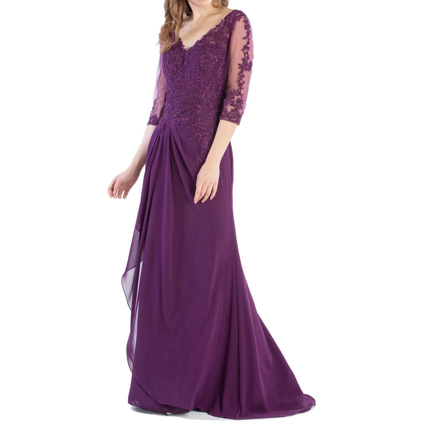 Vestido de novia largo de encaje con escote en V y mangas 3/4 de MACloth para madre de la novia y dama de honor