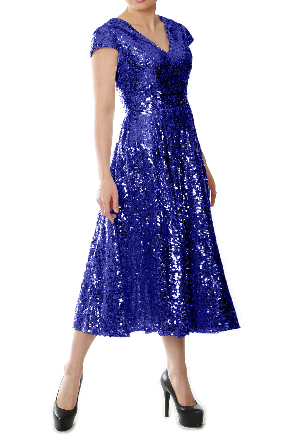 MACloth Damen Midi-Kleid für die Brautmutter, Pailletten, Flügelärmel, für Hochzeit, Party